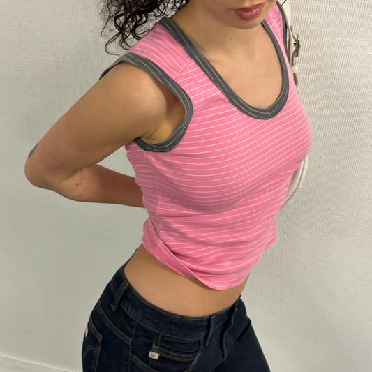 Only Striped V-neck Tank | S | Pink