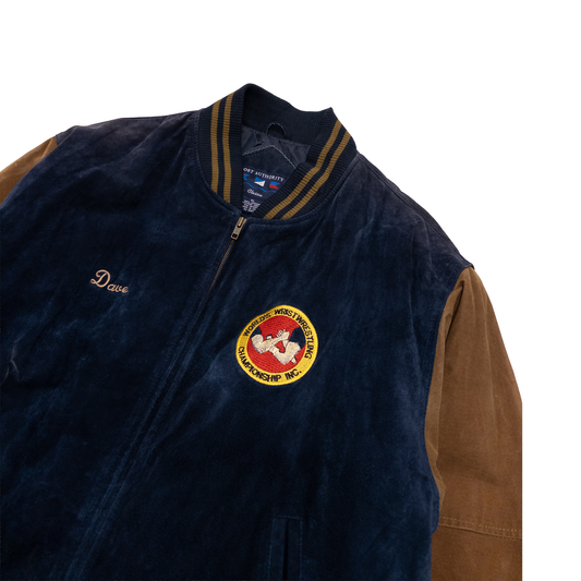 World’s Wrist Wrestling Championship Vintage Letterman Jacket | L | Navy & Brown