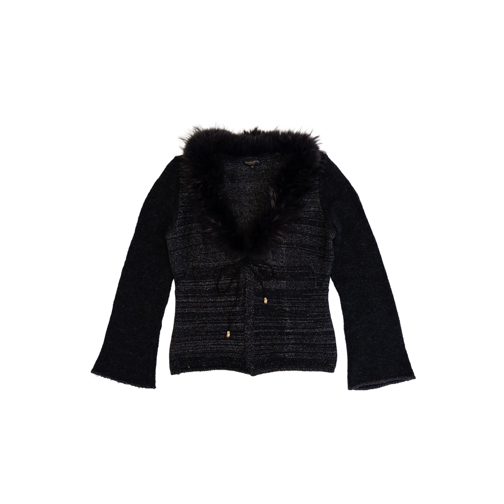 Roberto Cavalli Genuine Fur Sheering Glitter Cardigan | M | Black
