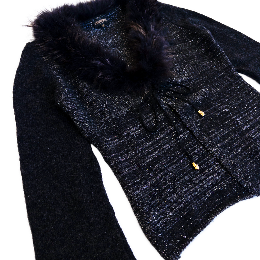 Roberto Cavalli Genuine Fur Sheering Glitter Cardigan | M | Black