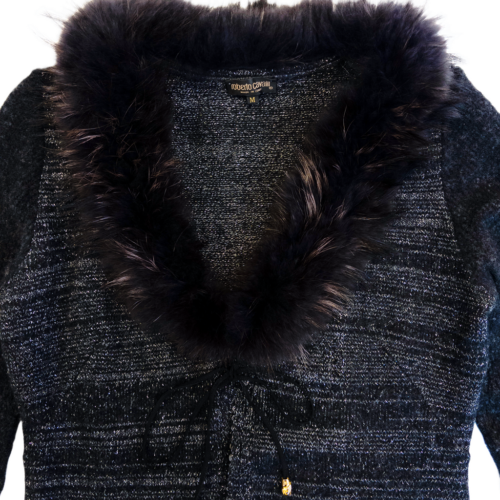 Roberto Cavalli Genuine Fur Sheering Glitter Cardigan | M | Black
