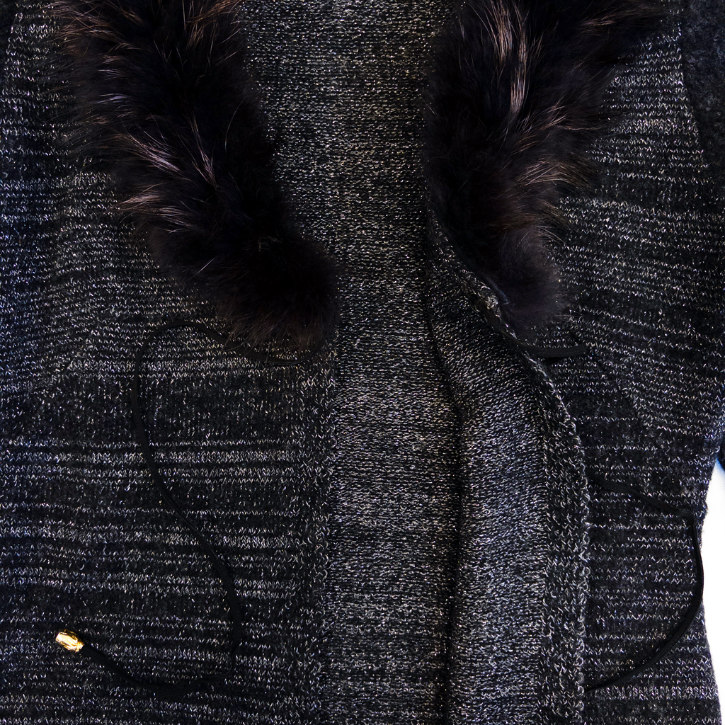 Roberto Cavalli Genuine Fur Sheering Glitter Cardigan | M | Black