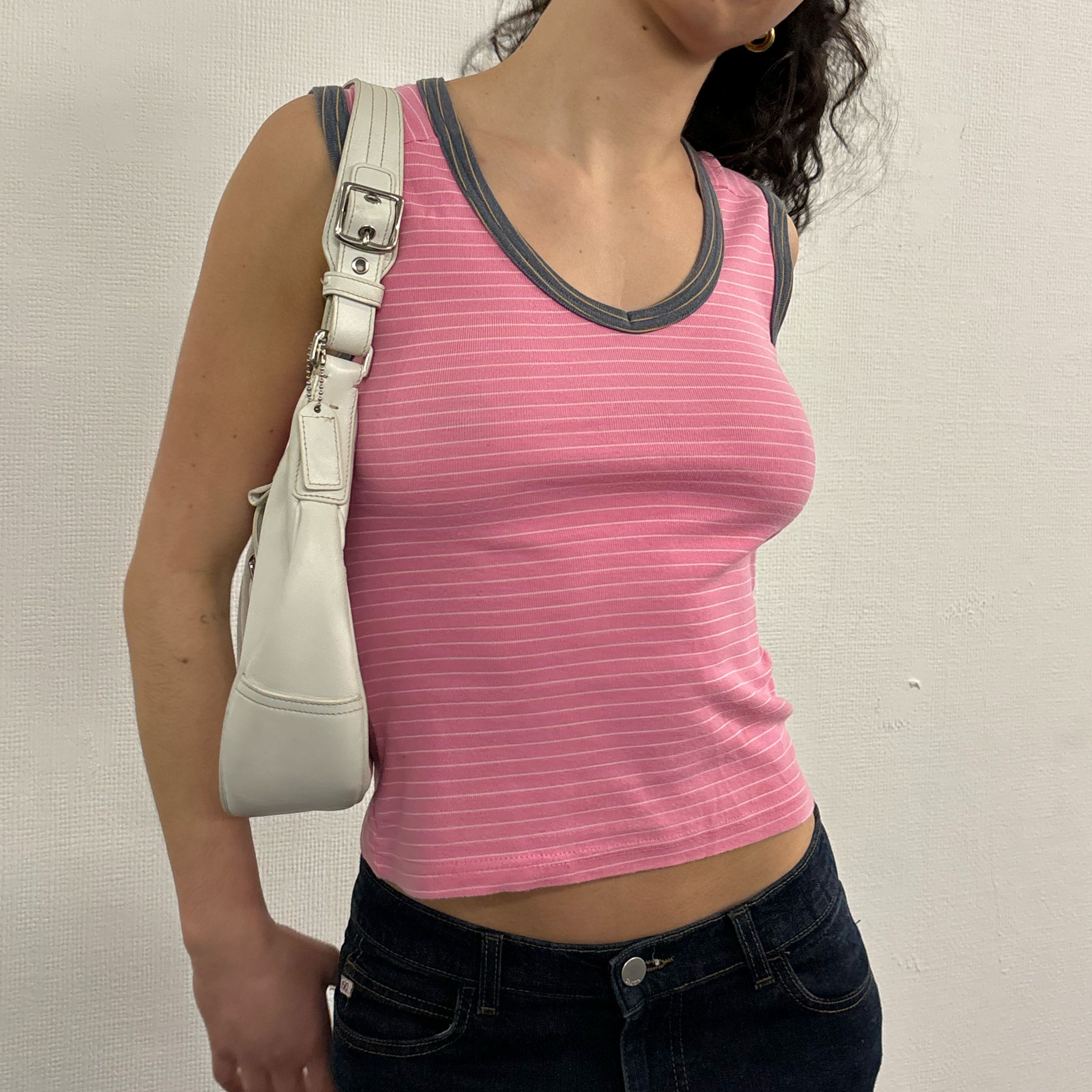 Only Striped V-neck Tank | S | Pink