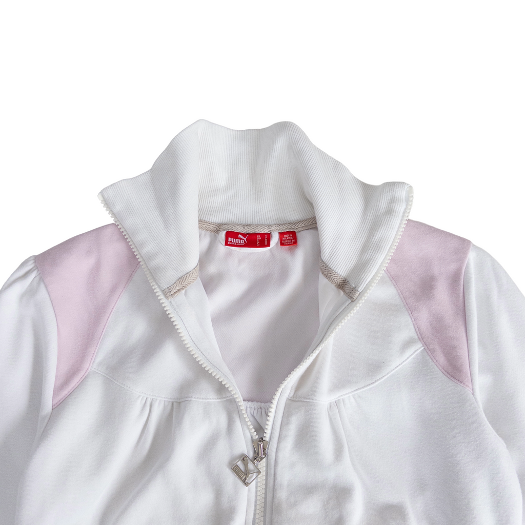 Puma High Neck Zip Cotton Jumper | S-M | White & Pink