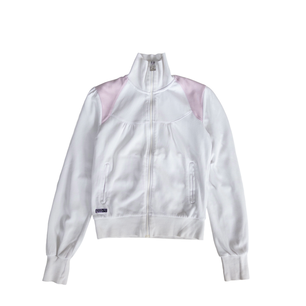 Puma High Neck Zip Cotton Jumper | S-M | White & Pink