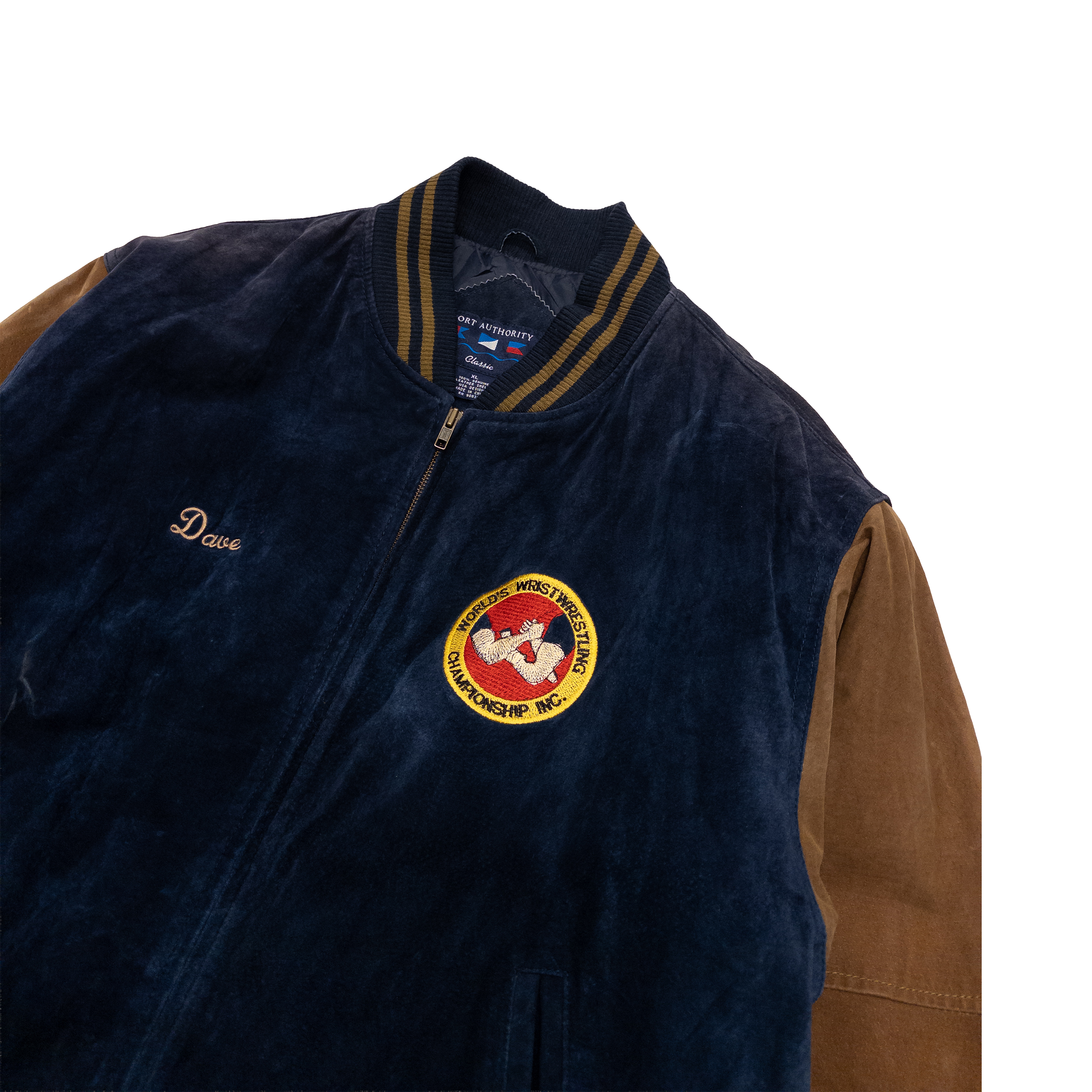 World’s Wrist Wrestling Championship Vintage Letterman Jacket | L | Navy & Brown