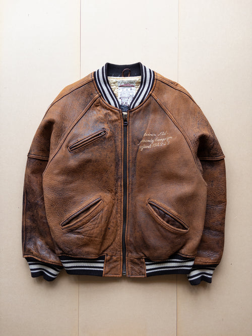 AVIREX Leather Varsity Zip-up Jacket | S-M | Brown