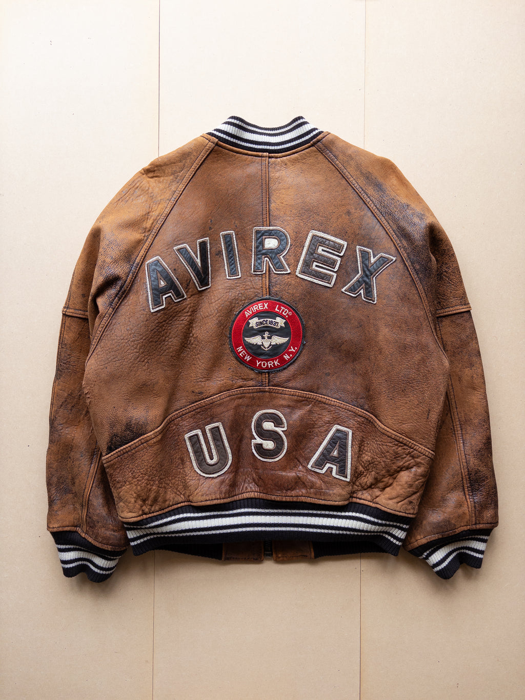 AVIREX Leather Varsity Zip-up Jacket | S-M | Brown