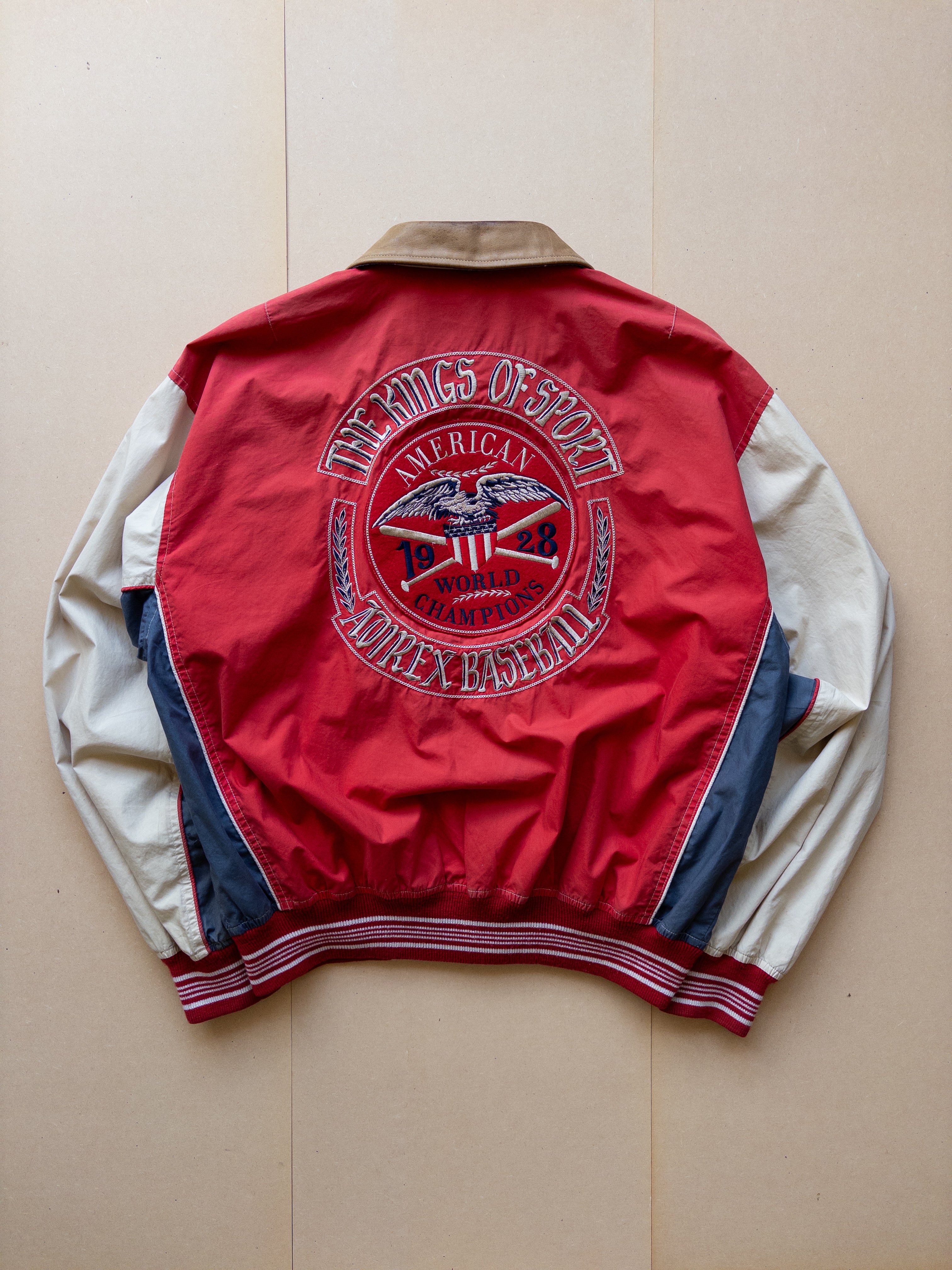 AVIREX Leather Collar Button-up Varsity Jacket | M-L | Brown