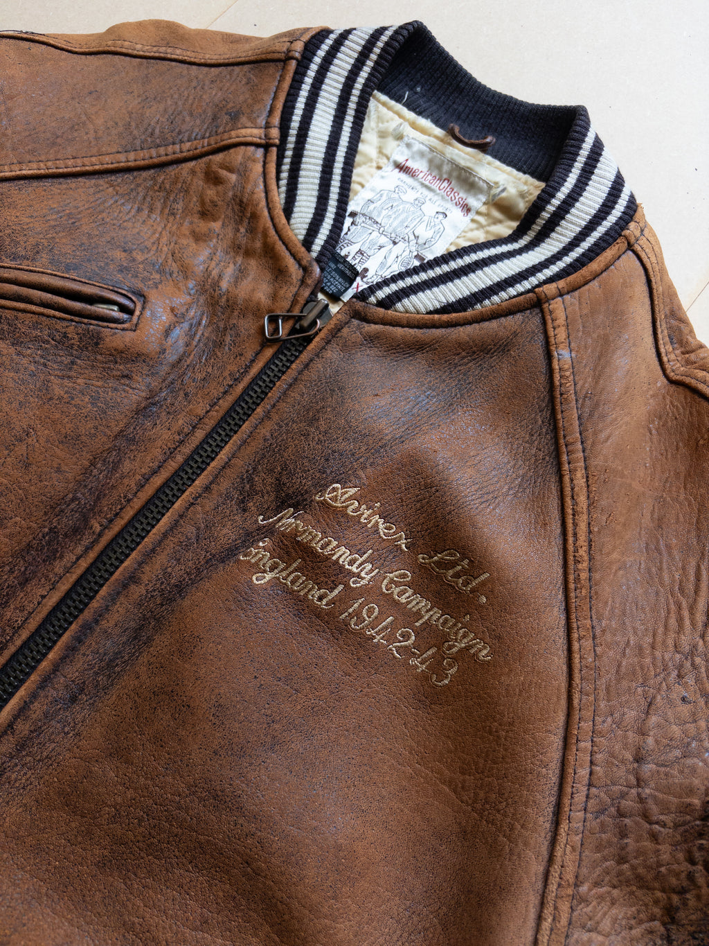 AVIREX Leather Varsity Zip-up Jacket | S-M | Brown