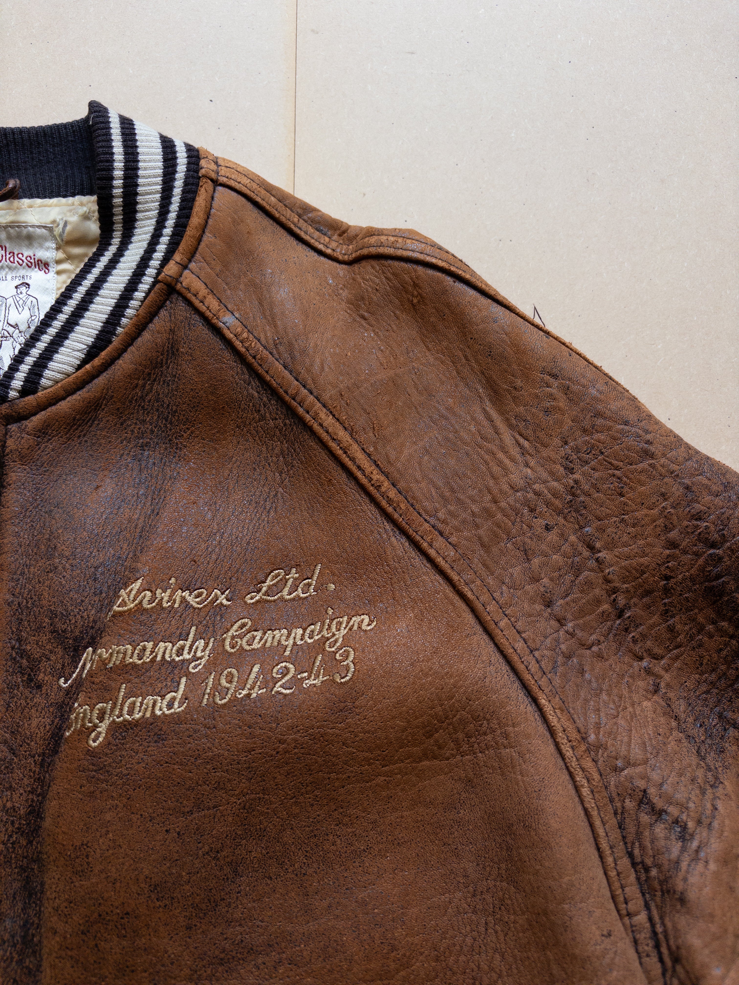 AVIREX Leather Varsity Zip-up Jacket | S-M | Brown