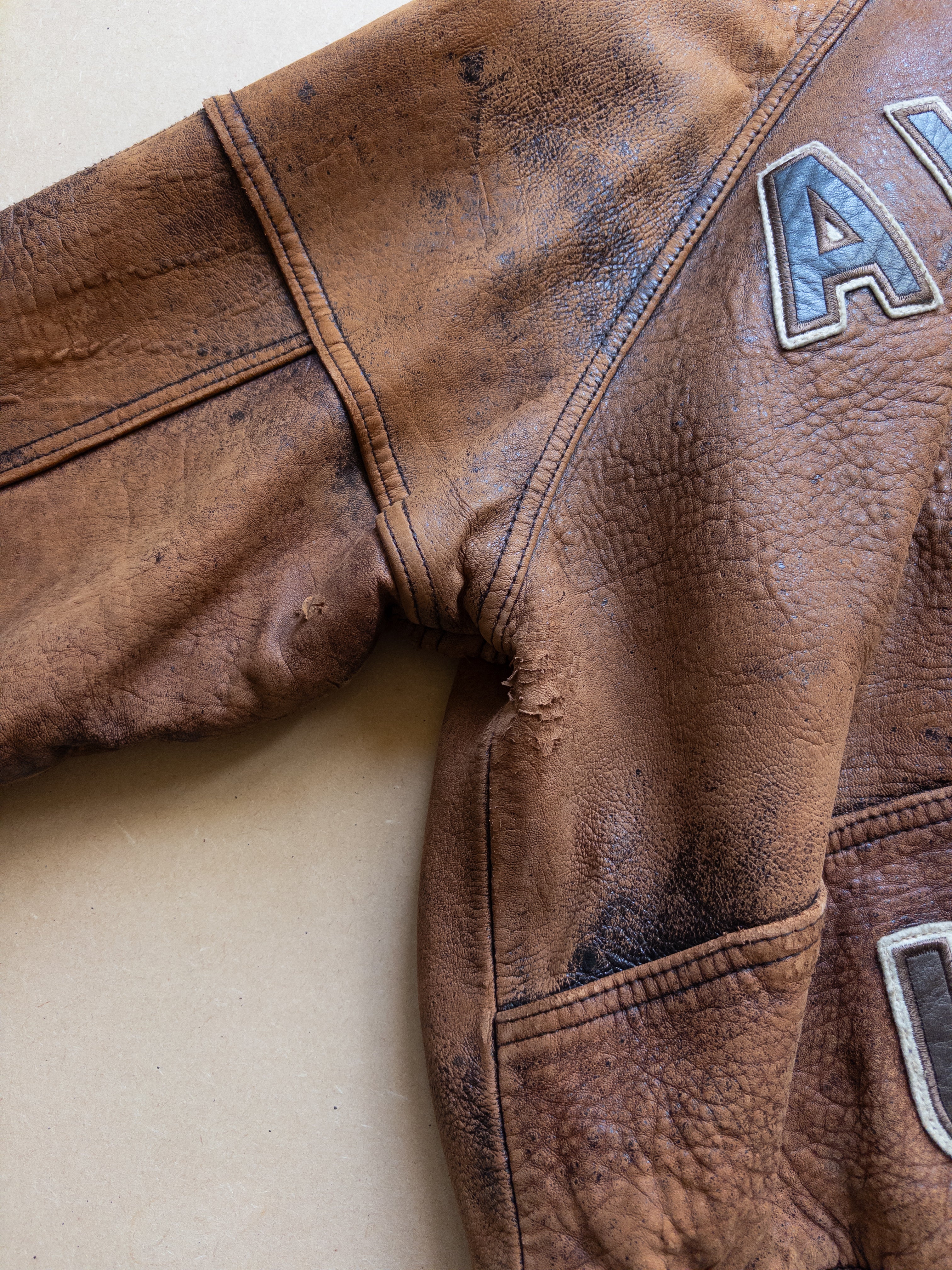 AVIREX Leather Varsity Zip-up Jacket | S-M | Brown