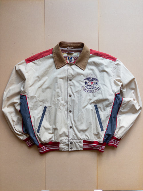 AVIREX Leather Collar Button-up Varsity Jacket | M-L | Brown