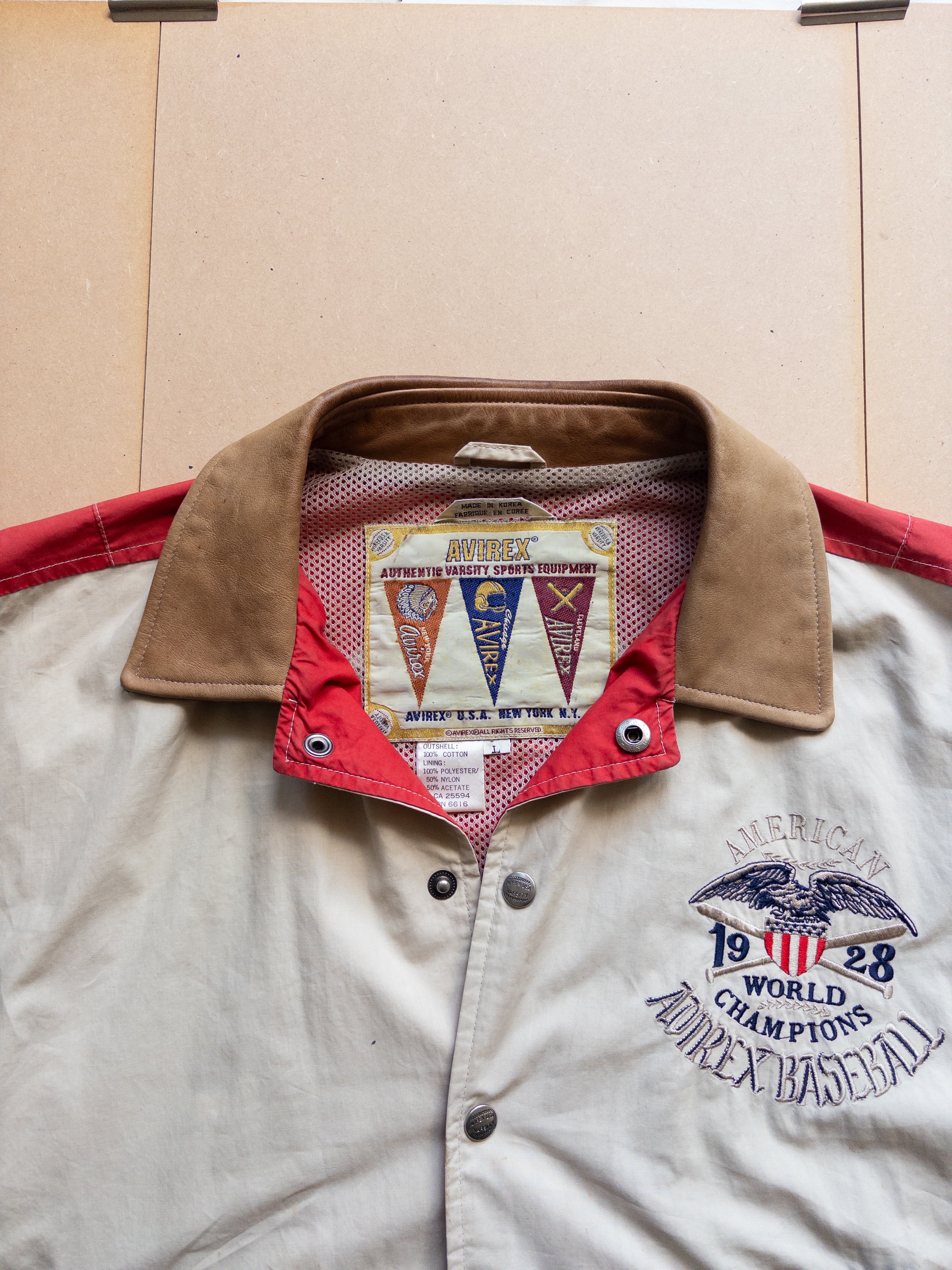 AVIREX Leather Collar Button-up Varsity Jacket | M-L | Brown