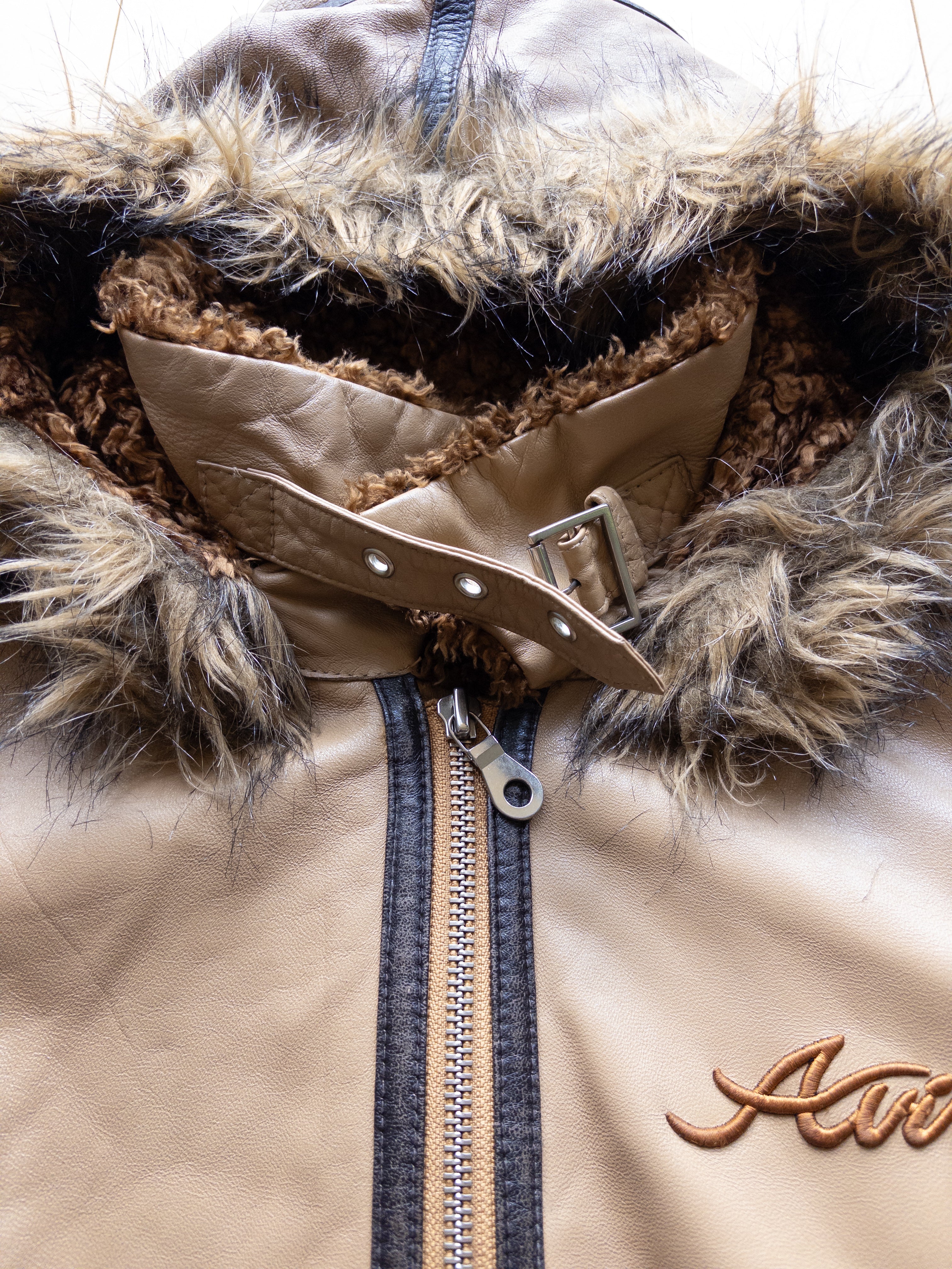 AVIREX Women't Hoodie Zip-up Leather Jacket | S-M | Brown