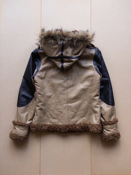 AVIREX Women't Hoodie Zip-up Leather Jacket | S-M | Brown