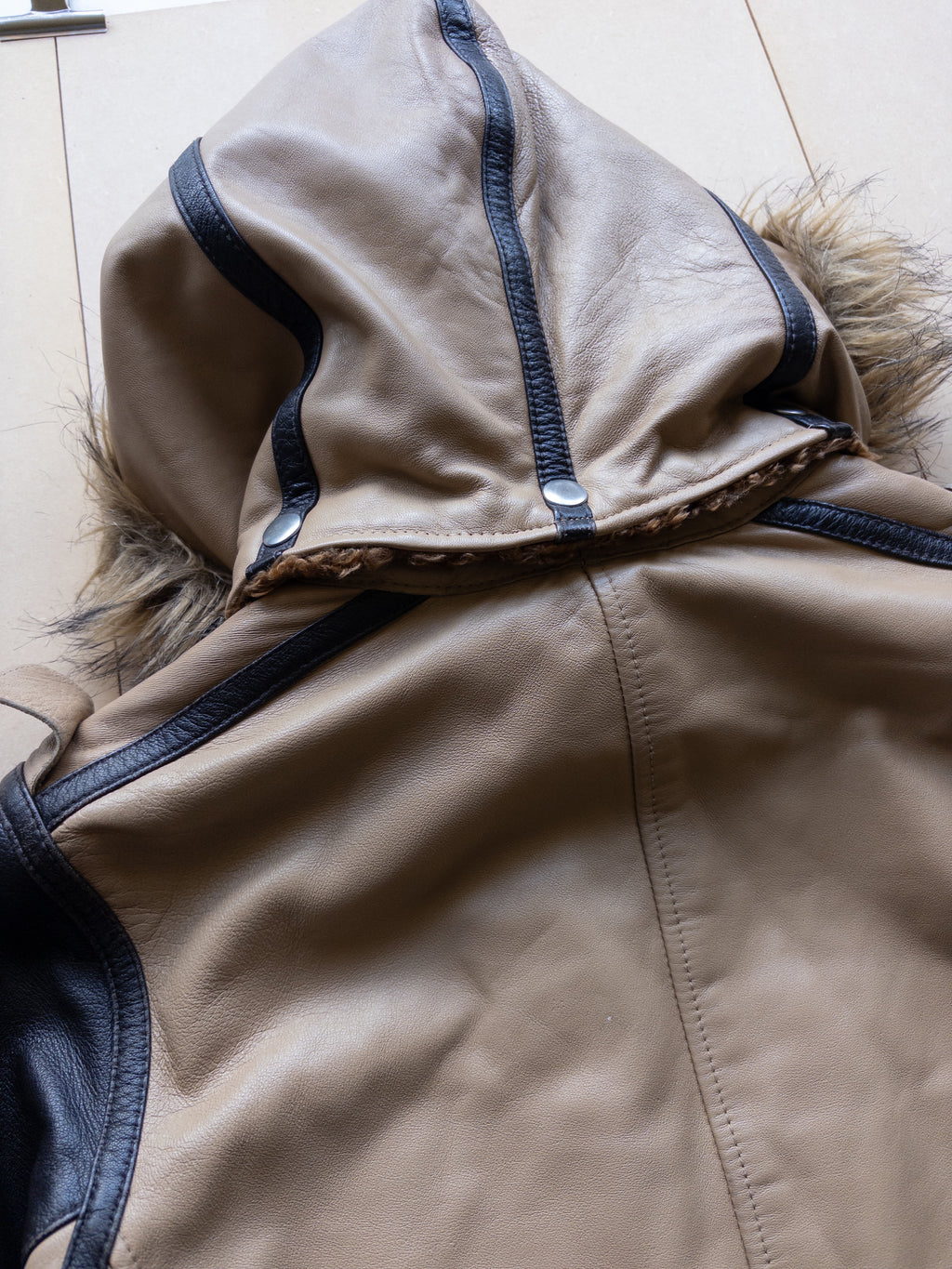 AVIREX Women't Hoodie Zip-up Leather Jacket | S-M | Brown