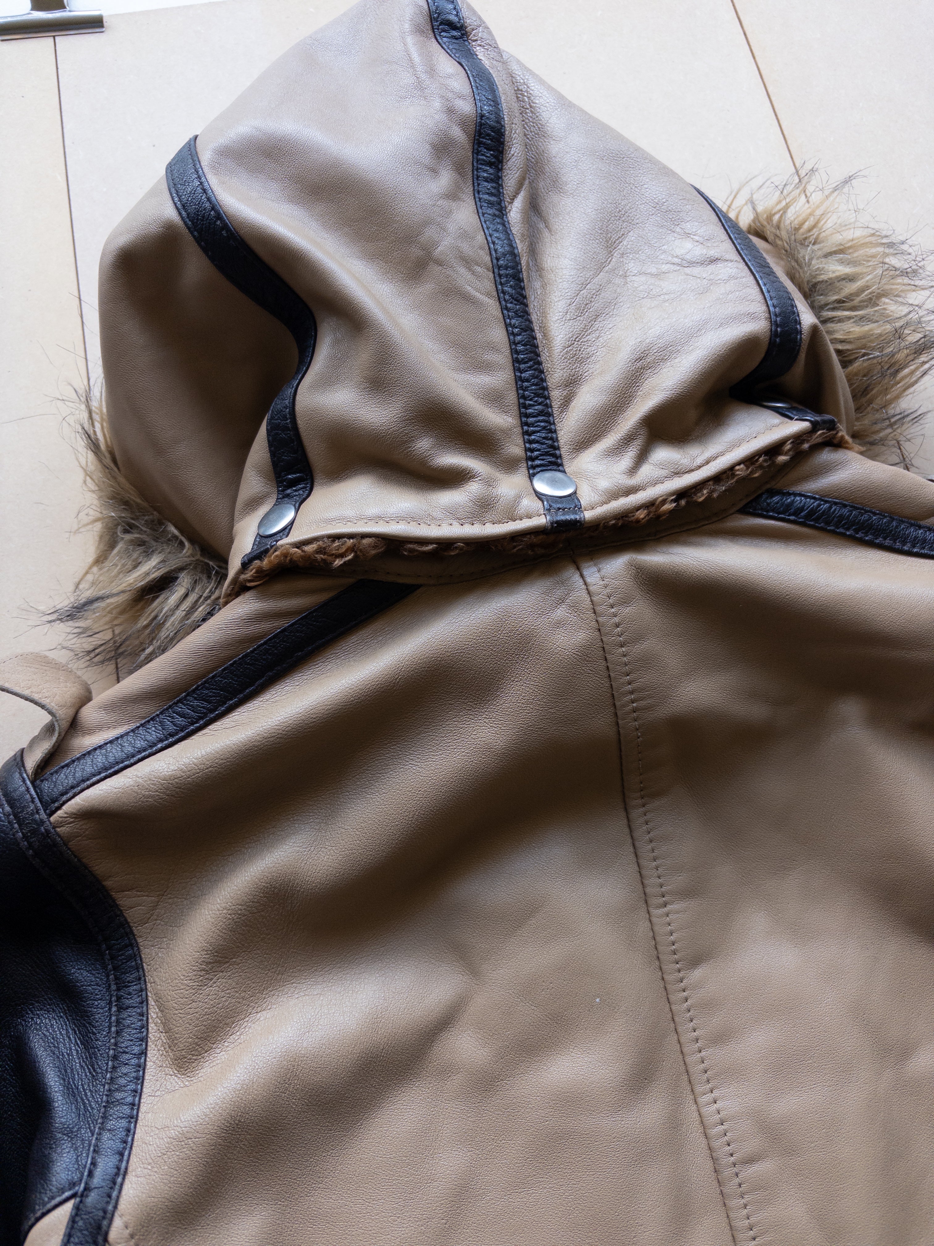 AVIREX Women't Hoodie Zip-up Leather Jacket | S-M | Brown